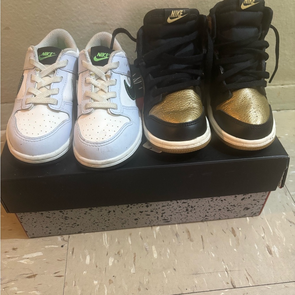 Nike Kids Sneakers baby blue &Black with Gold jordan 1’s